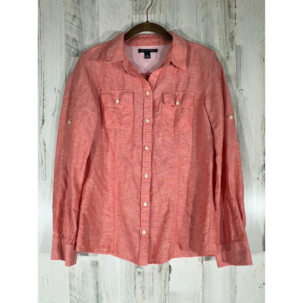 Banana Republic Button Up Shirt Size 10 Coral Chambray Linen Blend Roll Tab